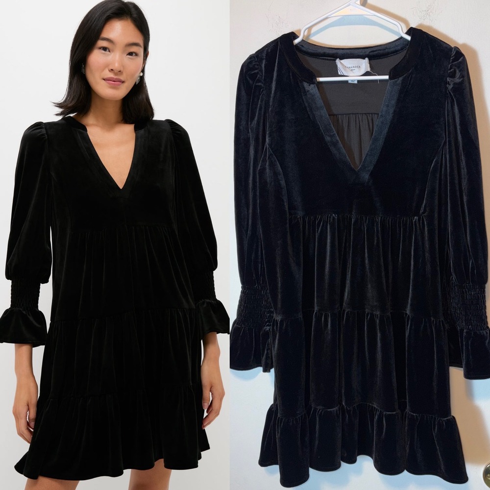 Pomander Place Black Velvet Kenzo Tiered Babydoll Dress M V-Neck Romantic Goth